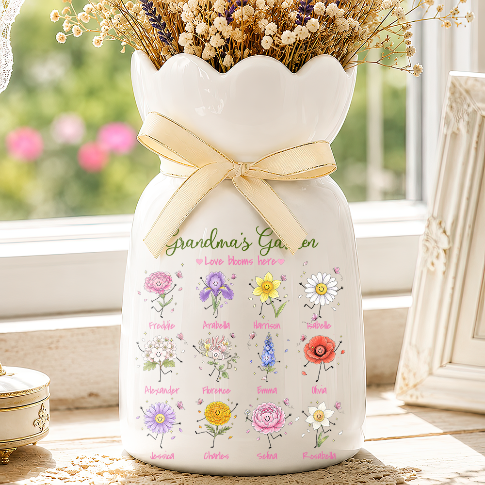 Grandma's Garden Birth Month Flowers - Personalized Ceramic Flower Vase - Gift For Grandma, Mom