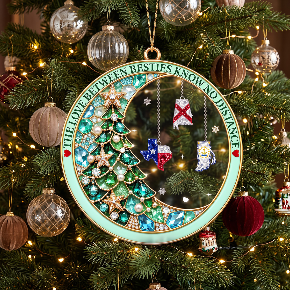 The Rhinestone Long Distance Besties - Personalized Acrylic Ornament - Christmas Acrylic Ornament