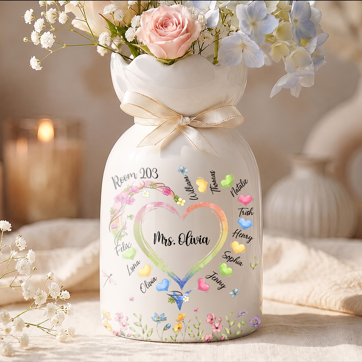 Teacher Floral - Personalized Custom Ribbon Tie Flower Vase