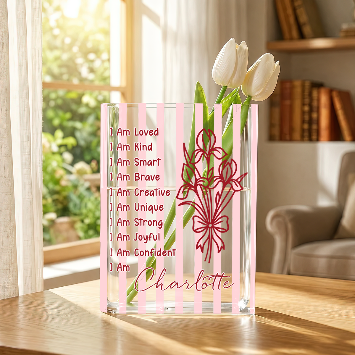 Affirmation Birth Flower Whimsy Clear Acrylic Book Vase for Flowers, Transparent Flower Vase for Home Decor