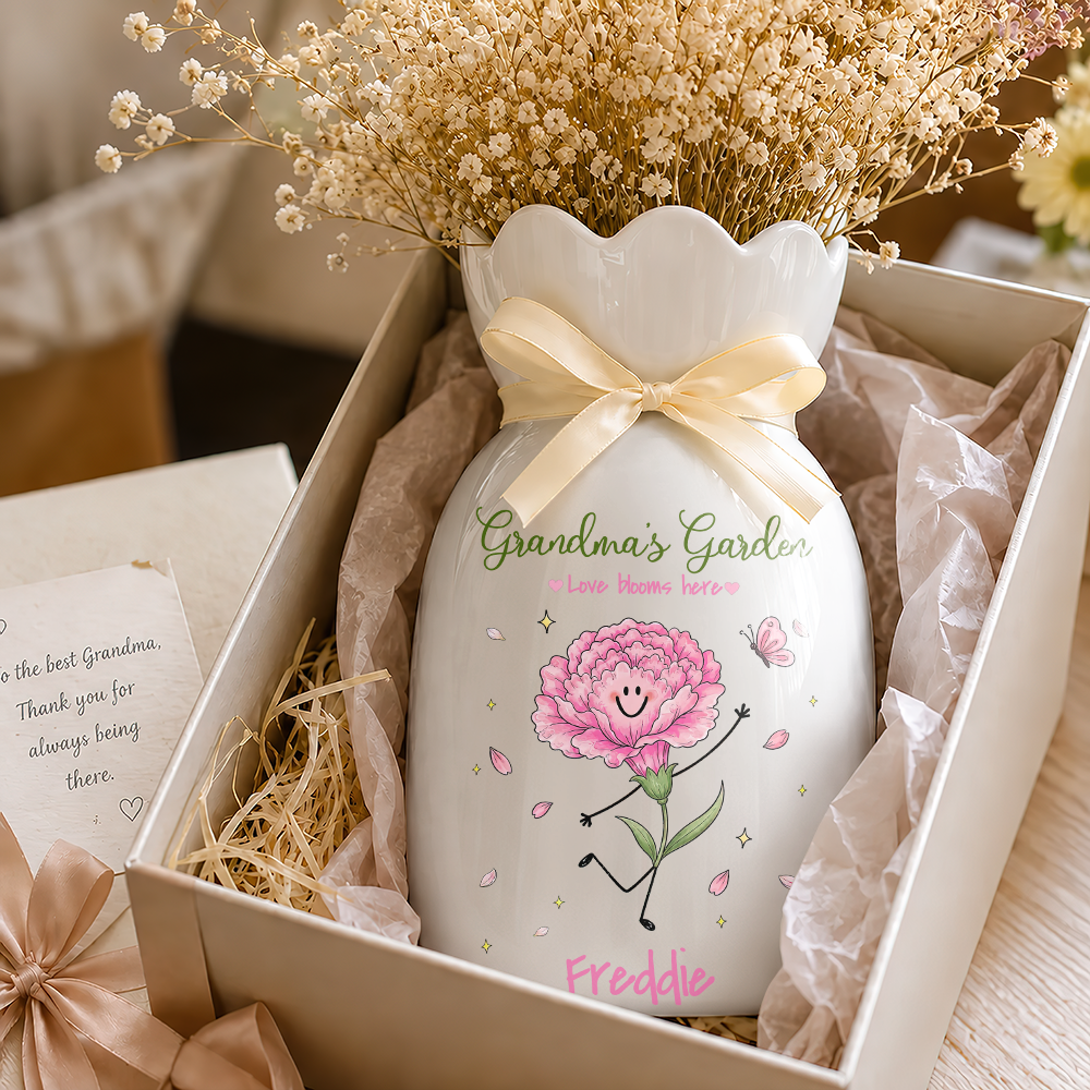 Grandma's Garden Birth Month Flowers - Personalized Ceramic Flower Vase - Gift For Grandma, Mom