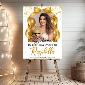 Elegant Bow Photo Birthday - Welcome To The Party - Birthday Sign - Custom Name & Photo Birthday Party Welcome Sign