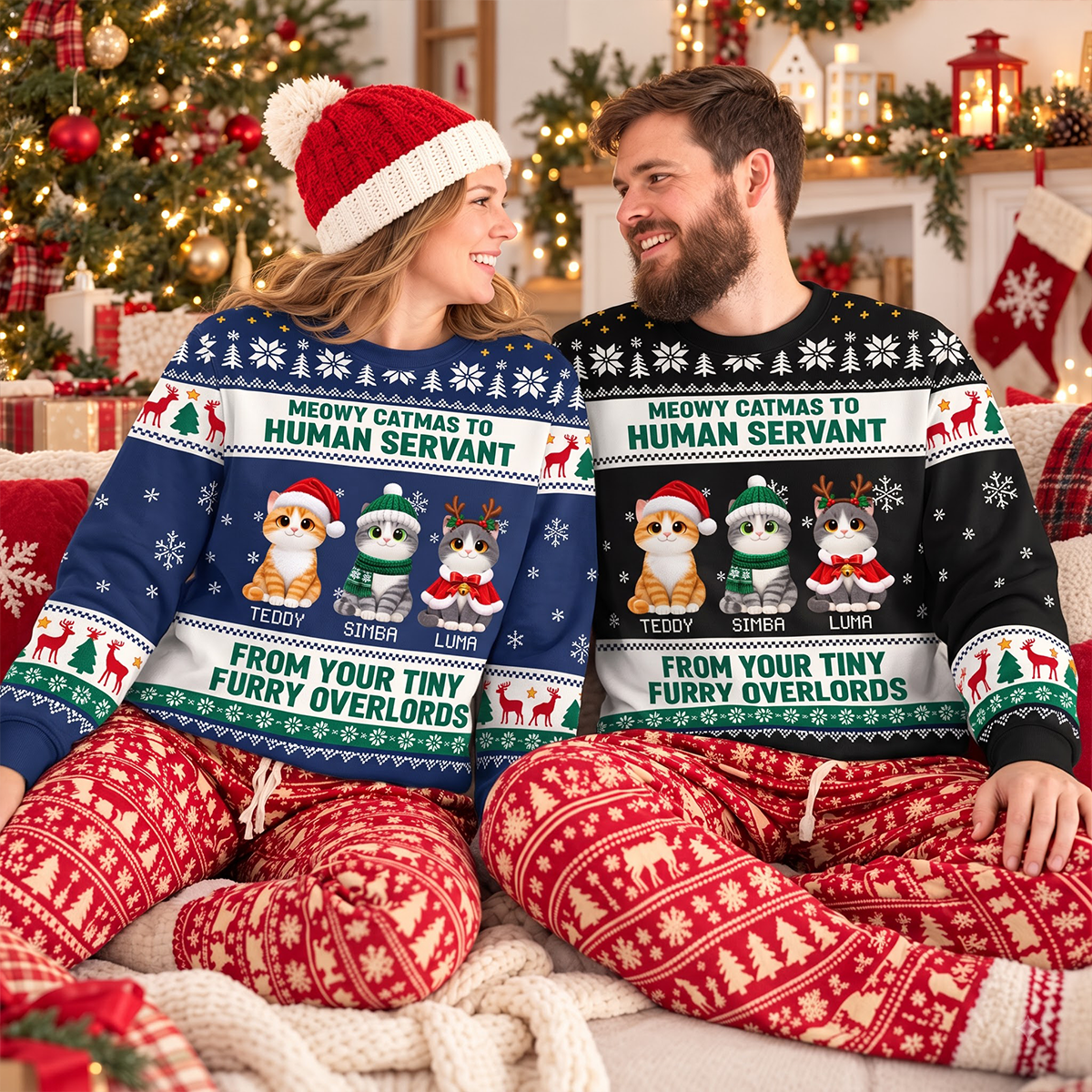 Meowy Catmas To Human Servant - Personalized 3D Sweatshirt - Christmas Gift For Cat Mom, Cat Dad