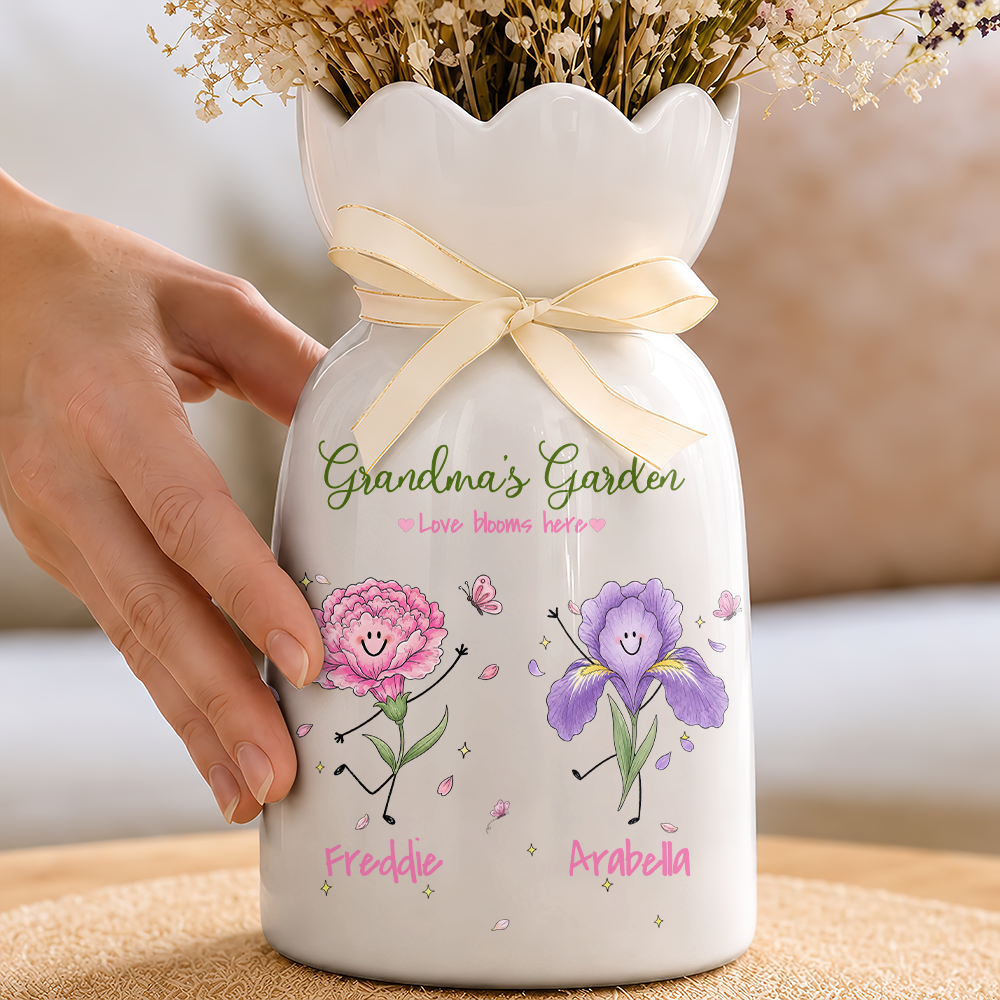 Grandma's Garden Birth Month Flowers - Personalized Ceramic Flower Vase - Gift For Grandma, Mom