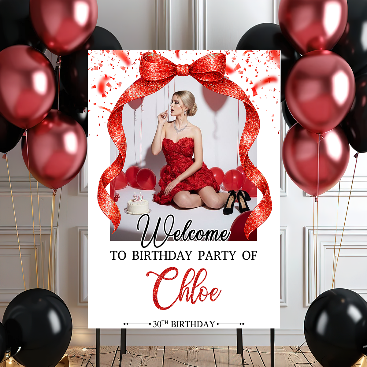 Elegant Bow Photo Birthday - Welcome To The Party - Birthday Sign - Custom Name & Photo Birthday Party Welcome Sign