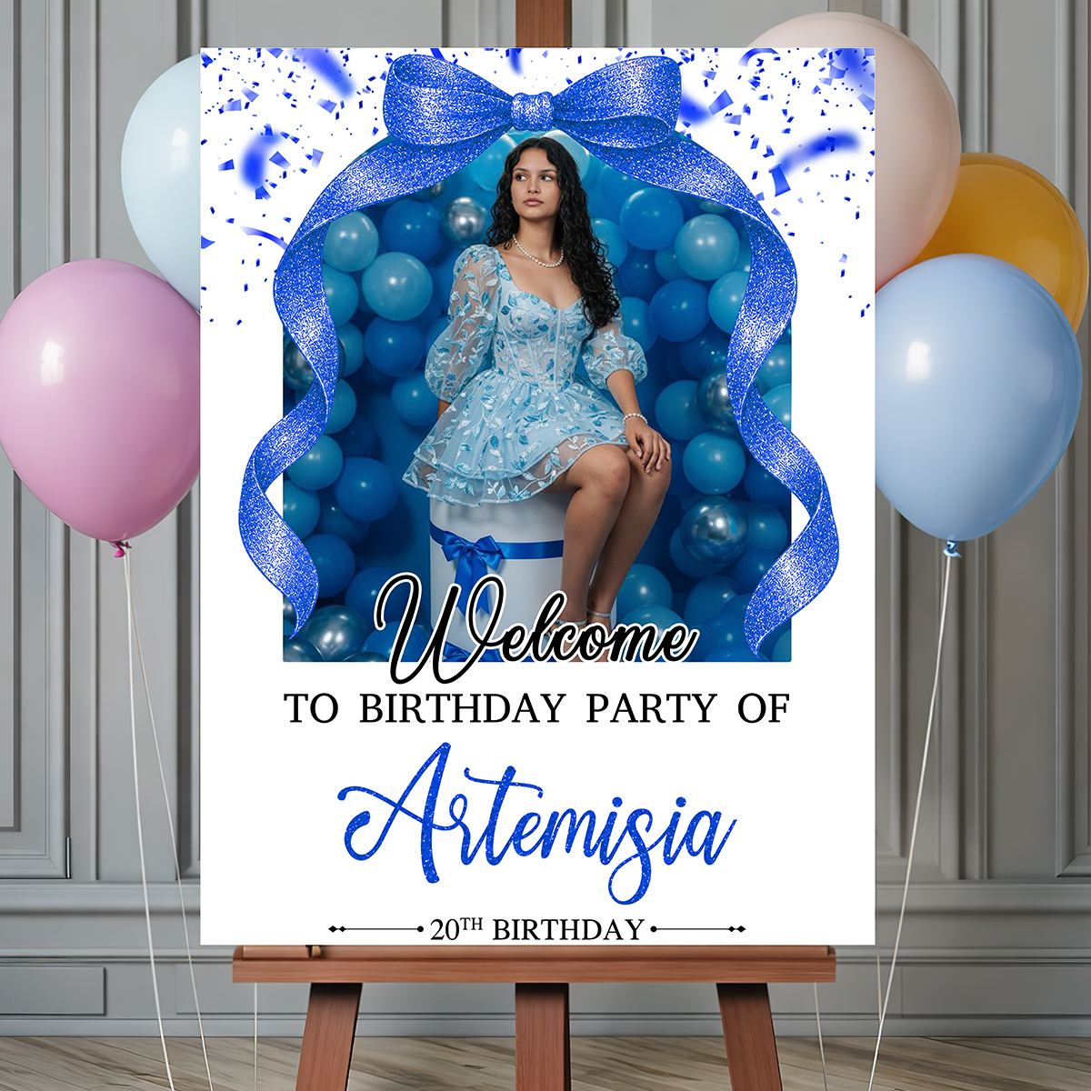 Elegant Bow Photo Birthday - Welcome To The Party - Birthday Sign - Custom Name & Photo Birthday Party Welcome Sign