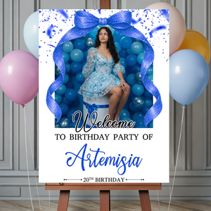 Elegant Bow Photo Birthday - Welcome To The Party - Birthday Sign - Custom Name & Photo Birthday Party Welcome Sign