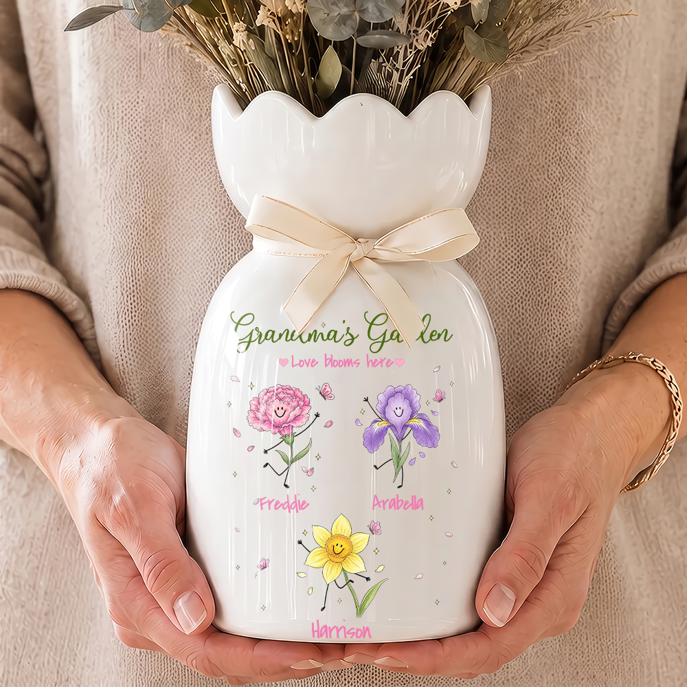 Grandma's Garden Birth Month Flowers - Personalized Ceramic Flower Vase - Gift For Grandma, Mom