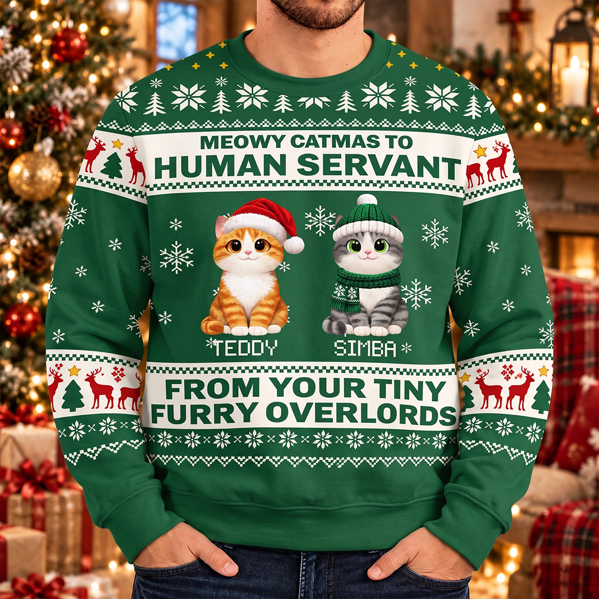 Meowy Catmas To Human Servant - Personalized 3D Sweatshirt - Christmas Gift For Cat Mom, Cat Dad