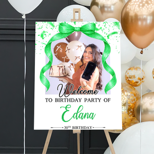 Elegant Bow Photo Birthday - Welcome To The Party - Birthday Sign - Custom Name & Photo Birthday Party Welcome Sign