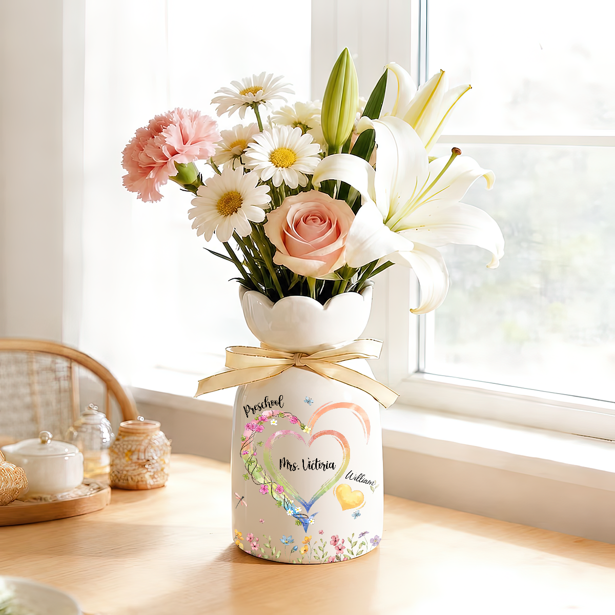 Teacher Floral - Personalized Custom Ribbon Tie Flower Vase