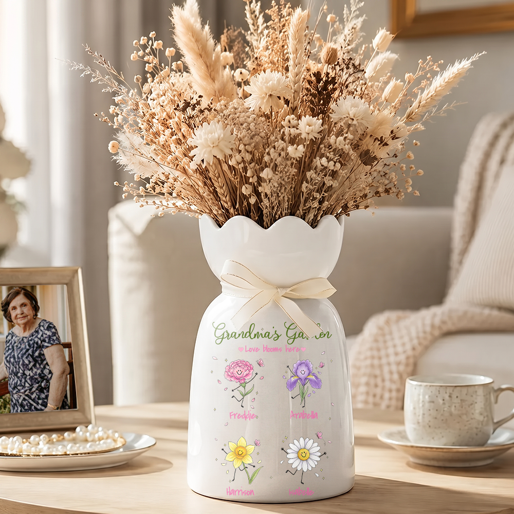 Grandma's Garden Birth Month Flowers - Personalized Ceramic Flower Vase - Gift For Grandma, Mom