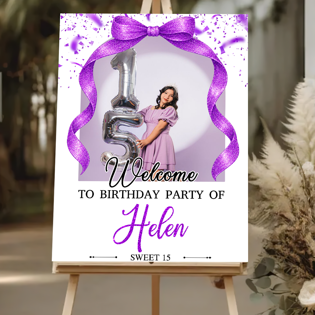 Elegant Bow Photo Birthday - Welcome To The Party - Birthday Sign - Custom Name & Photo Birthday Party Welcome Sign