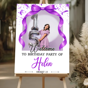 Elegant Bow Photo Birthday - Welcome To The Party - Birthday Sign - Custom Name & Photo Birthday Party Welcome Sign