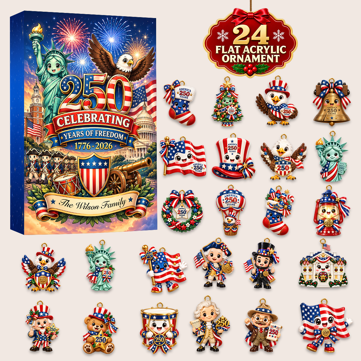 250 USA Chibi Advent Calendar 2026 - 24 Day Spirits Countdown, Acrylic Charms Blind Box - Gift For Family