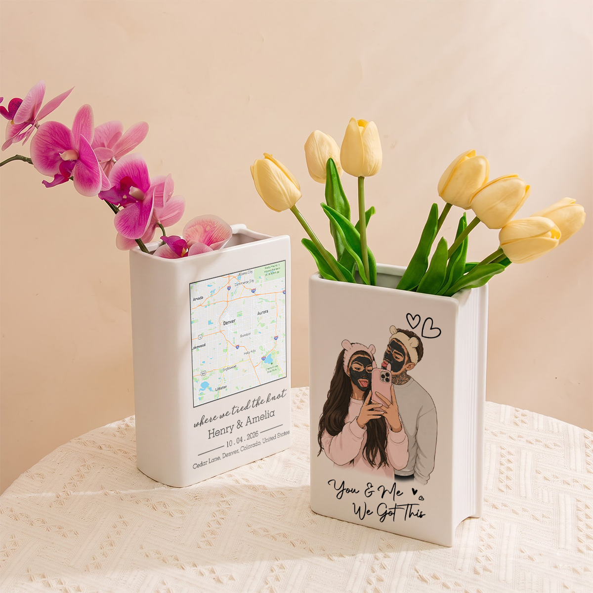 Custom Photo Semi Realistic Portrait You & Me We Got This - Ceramic Book Flower Vase