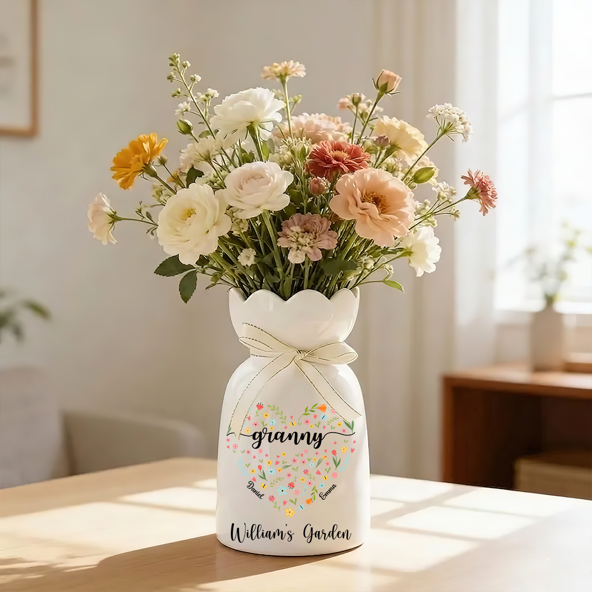 Flowers Grandma Personalized Ribbon Tie Flower Vase