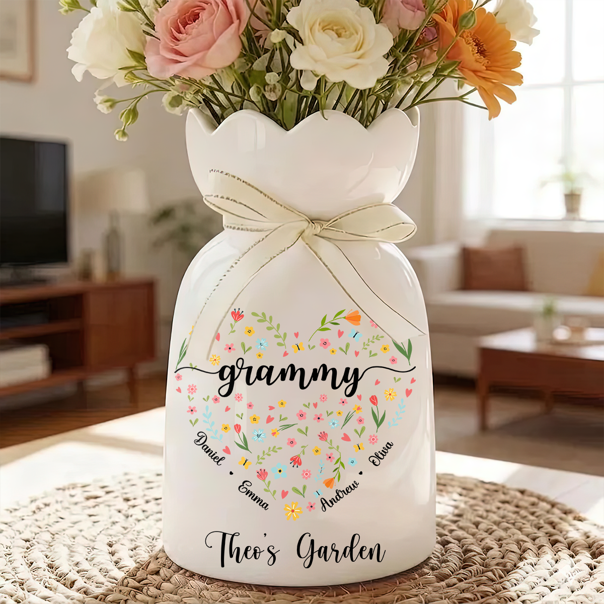 Flowers Grandma Personalized Ribbon Tie Flower Vase