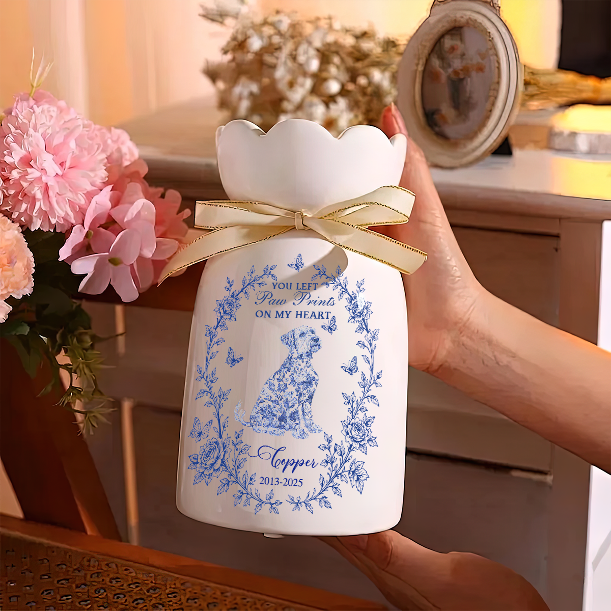 You Left Paw Prints Personalized Ribbon Tie Flower Vase