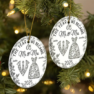 The Year We Became Mr & Mrs Toile - Personalized Circle Ceramic Ornament