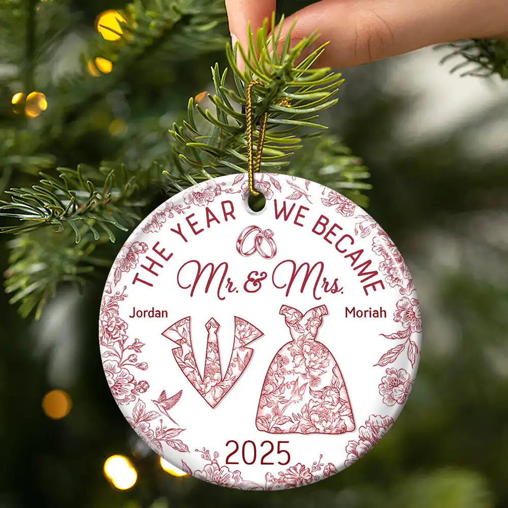 The Year We Became Mr & Mrs Toile - Personalized Circle Ceramic Ornament