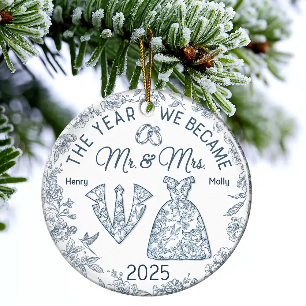 The Year We Became Mr & Mrs Toile - Personalized Circle Ceramic Ornament