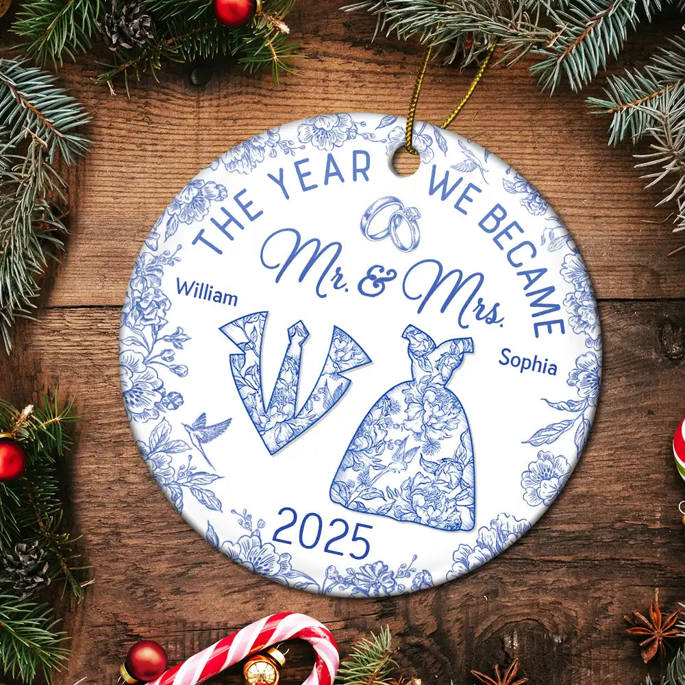 The Year We Became Mr & Mrs Toile - Personalized Circle Ceramic Ornament
