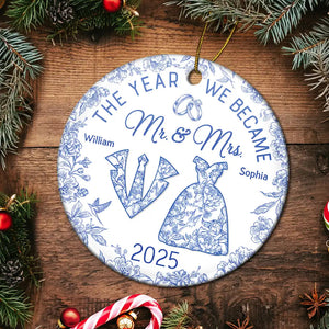 The Year We Became Mr & Mrs Toile - Personalized Circle Ceramic Ornament