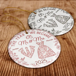 The Year We Became Mr & Mrs Toile - Personalized Circle Ceramic Ornament