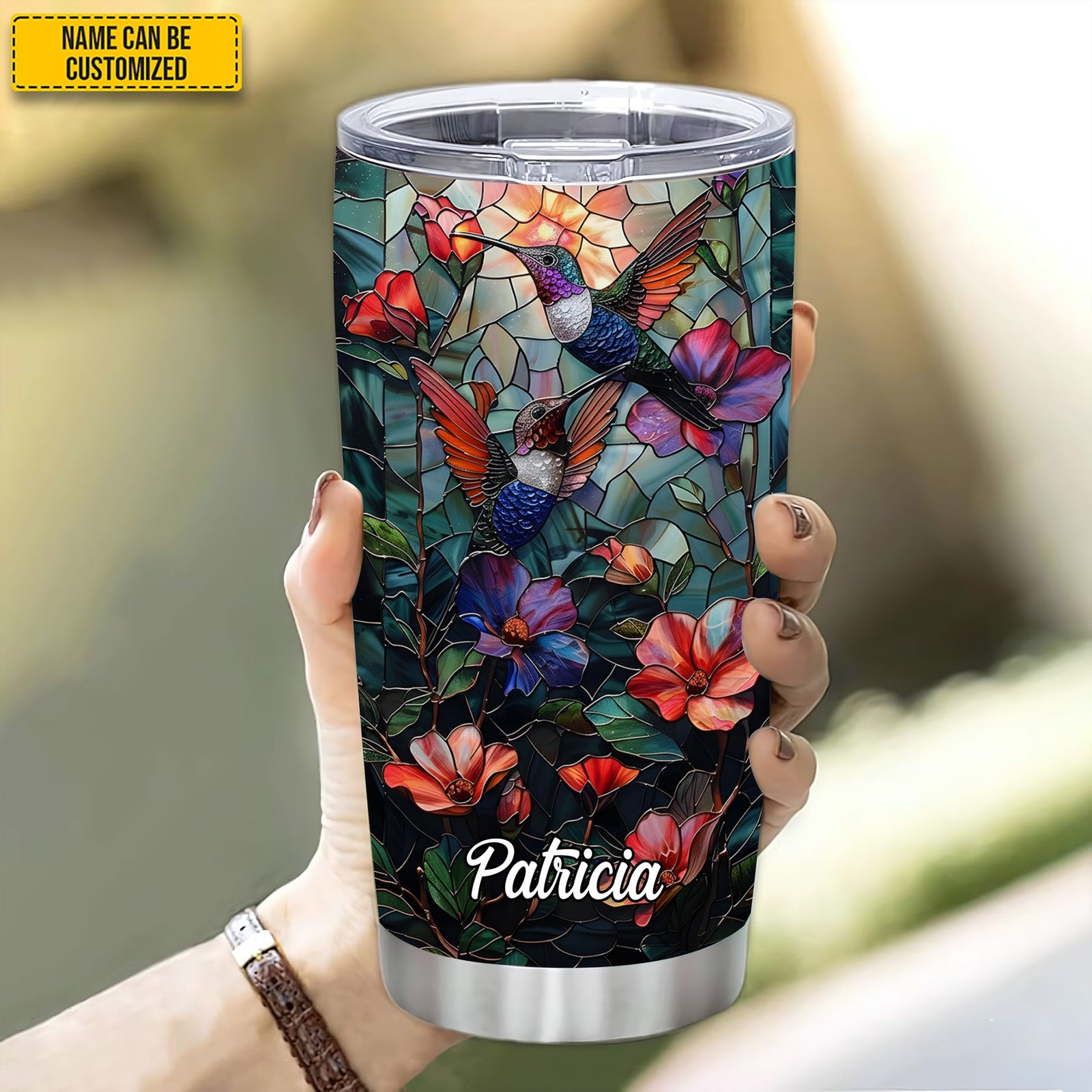 Personalized Stained Glass Hummingbird Flowers Tumbler