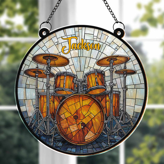 Music Is Life, Personalized Custom Suncatcher Stained Glass, Gift For Drum Lovers