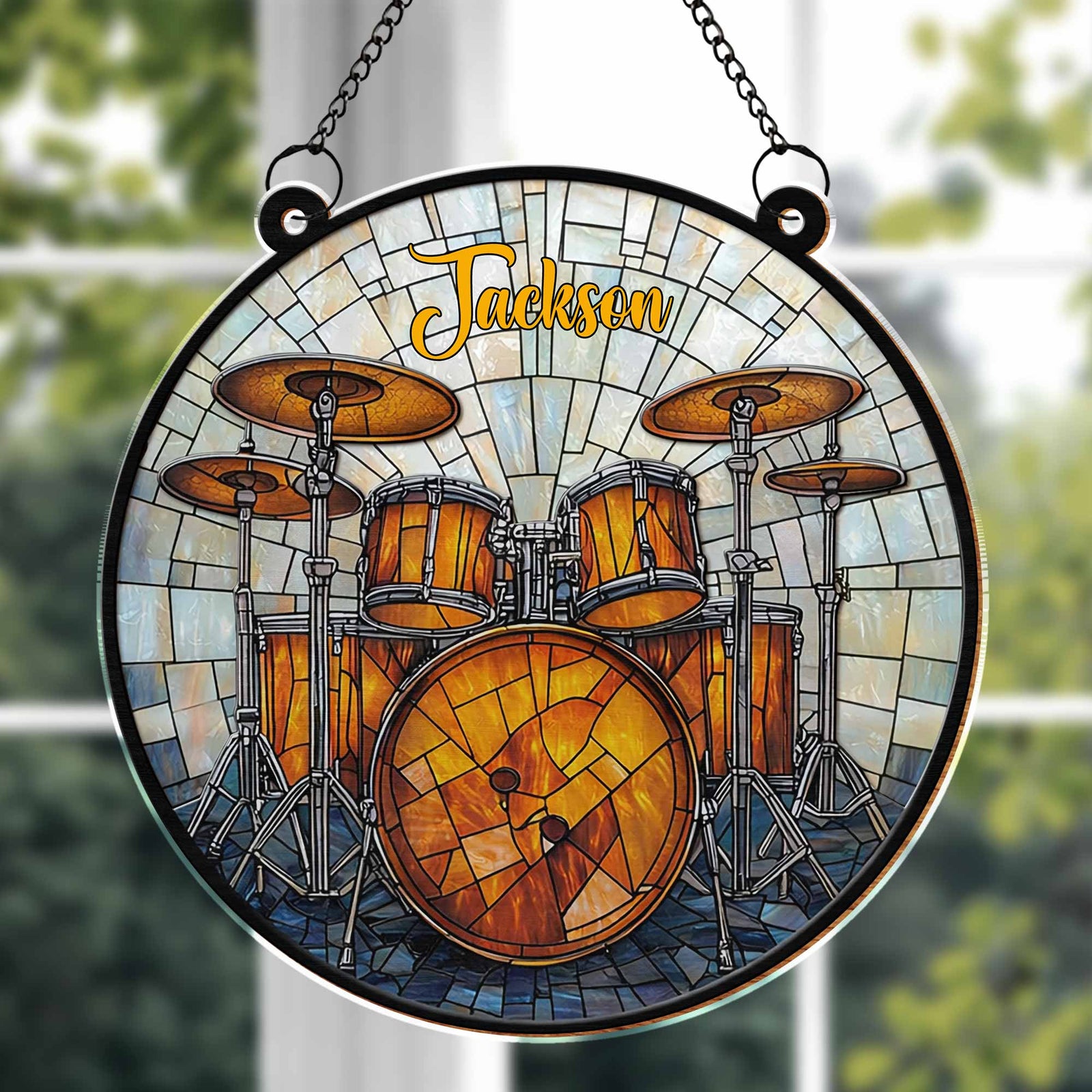 Music Is Life, Personalized Custom Suncatcher Stained Glass, Gift For Drum Lovers