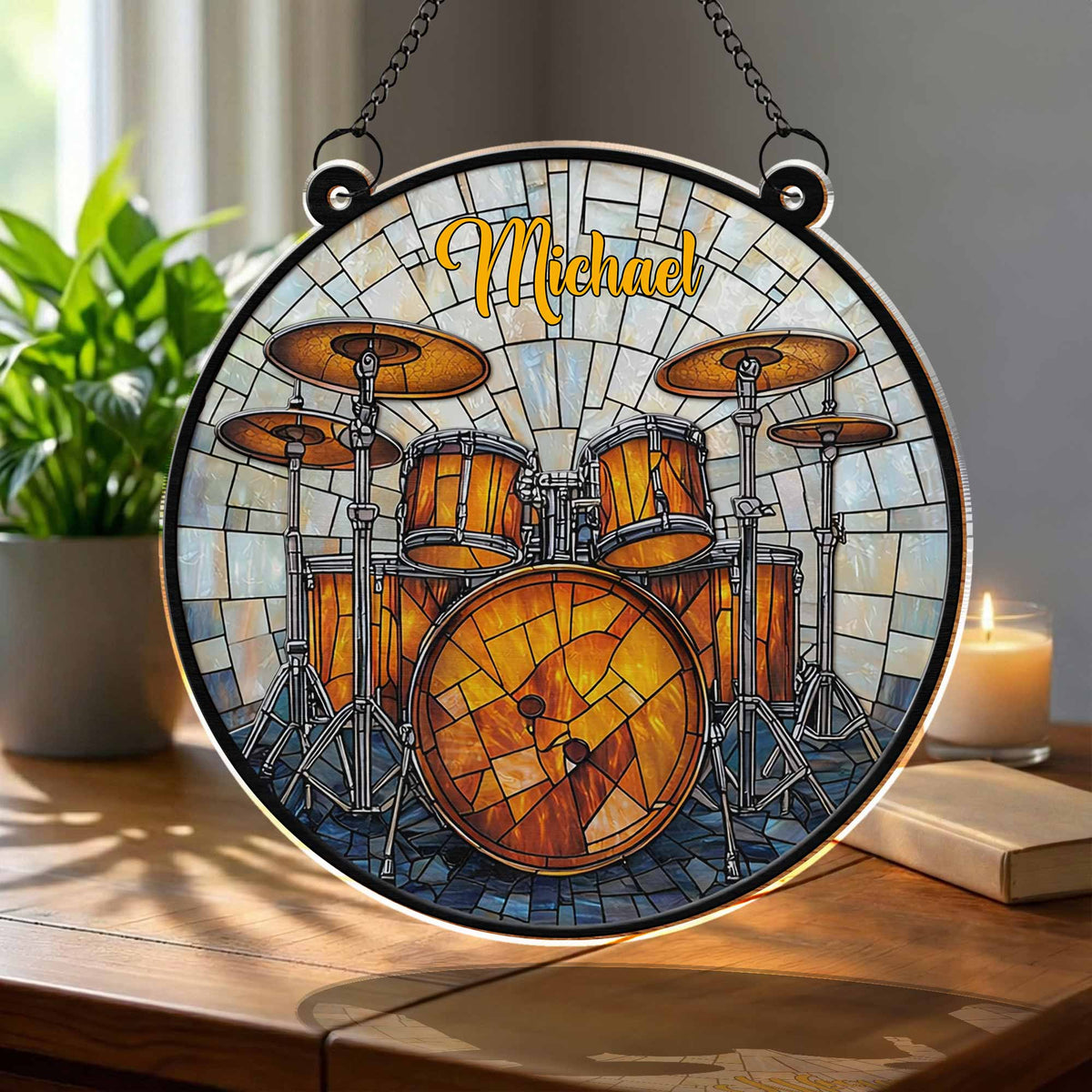 Music Is Life, Personalized Custom Suncatcher Stained Glass, Gift For Drum Lovers