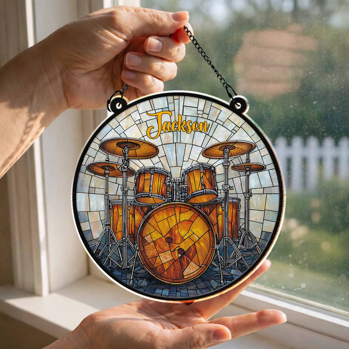 Music Is Life, Personalized Custom Suncatcher Stained Glass, Gift For Drum Lovers