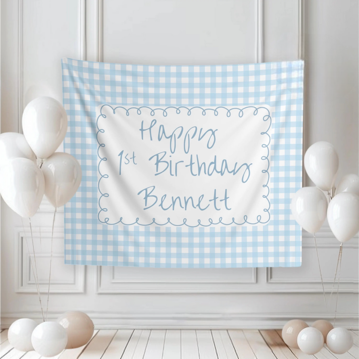 Personalized Blue Gingham Birthday Banner - Custom Party Backdrop