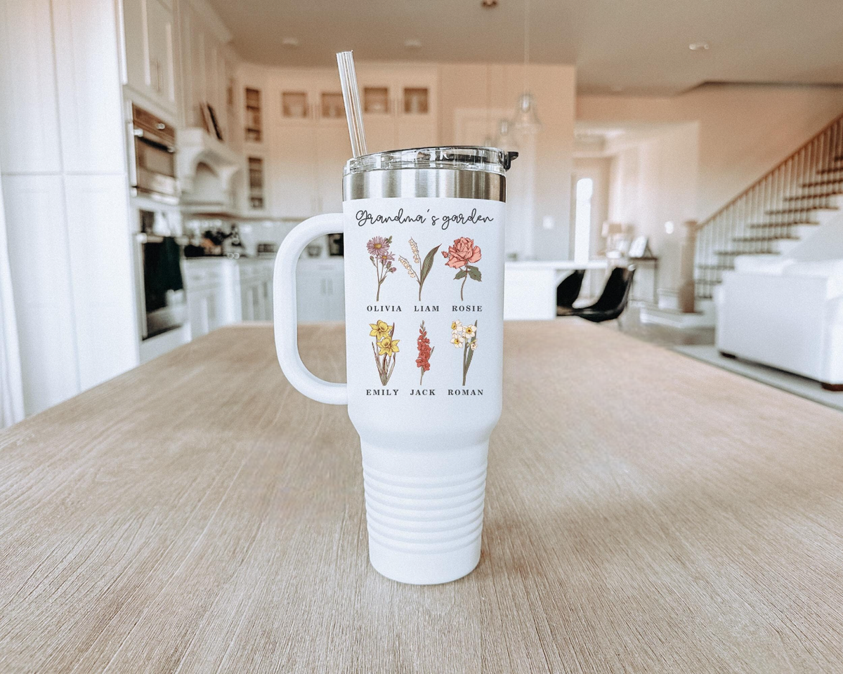 Custom Birth Month Flower 40oz Tumbler, Personalized Gift for Mom, Unique Floral Design with Name, Birthday Keepsake Cup Stylish Insulated Drinkware
