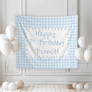 Personalized Blue Gingham Birthday Banner - Custom Party Backdrop