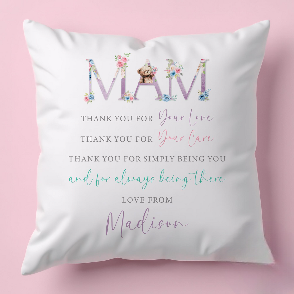 Personalised Floral Mam Cushion, Thank You Keepsake, Mother's Day Gift for Her