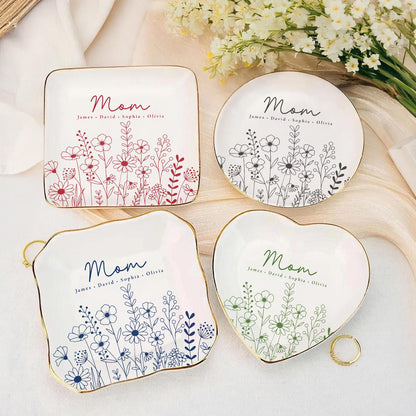 Custom Ring Dish for Mom Grandma with Kids Name, Grandma Trinket Dish, Wildflower Jewelry Tray, Birthday Mothers Day Gift for Mom or Grandma