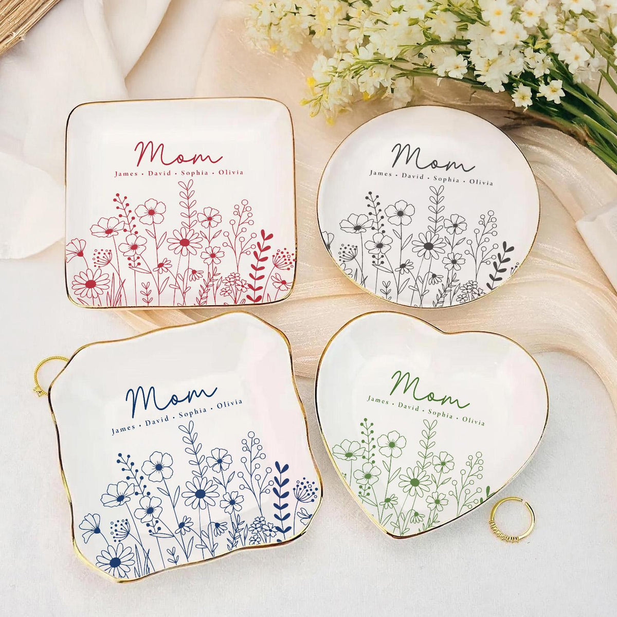 Custom Ring Dish for Mom Grandma with Kids Name, Grandma Trinket Dish, Wildflower Jewelry Tray, Birthday Mothers Day Gift for Mom or Grandma