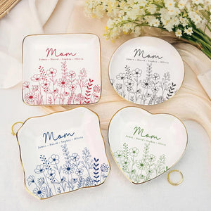 Custom Ring Dish for Mom Grandma with Kids Name, Grandma Trinket Dish, Wildflower Jewelry Tray, Birthday Mothers Day Gift for Mom or Grandma