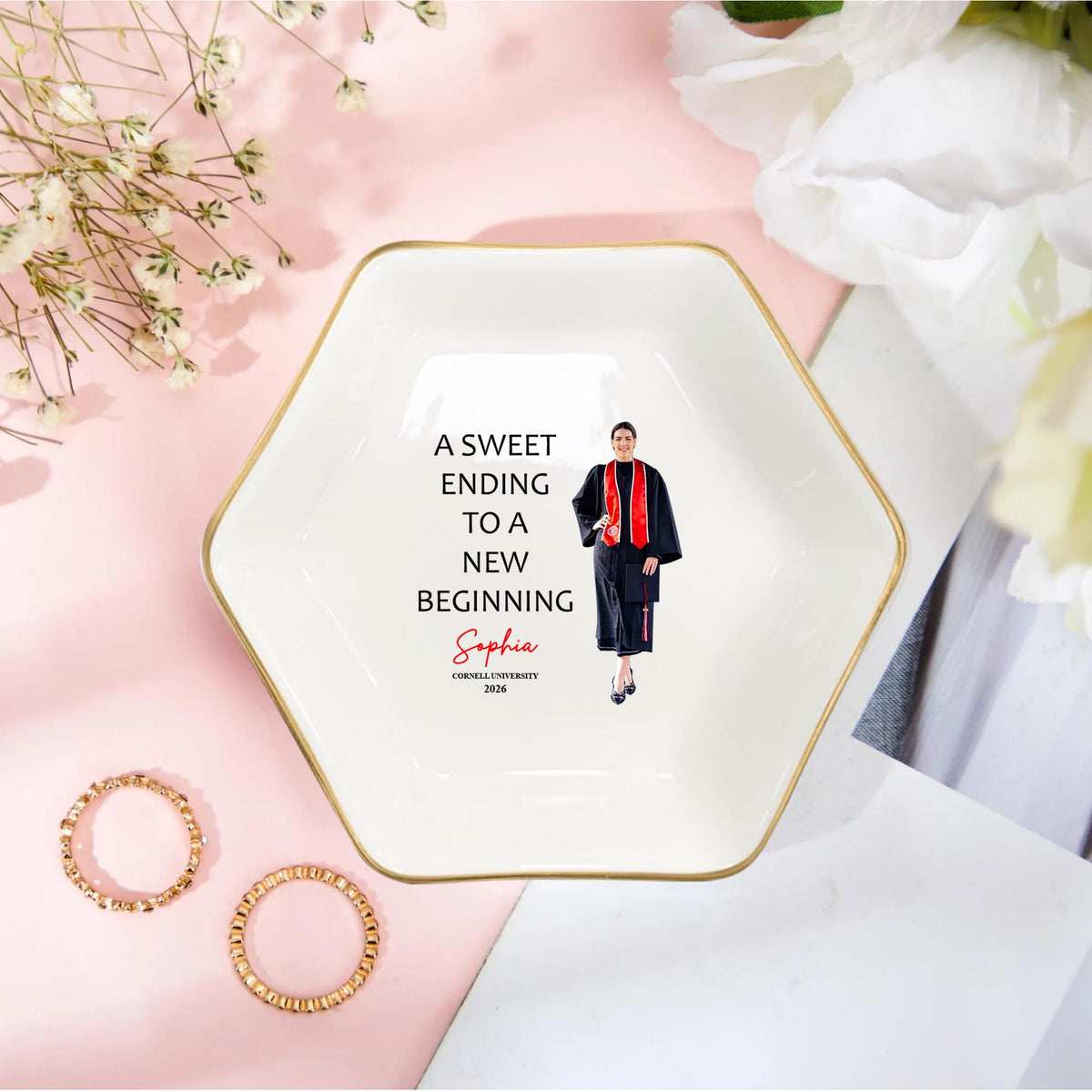 Personalized Graduation Photo Jewelry Dish: Custom Ceramic Trinket Tray Gift for Graduate, College Graduation Keepsake, Class of 2026 Ring