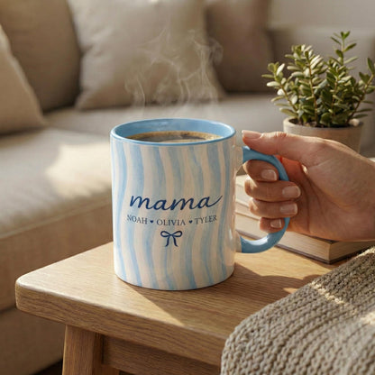 Custom Mom Name Ceramic Mug with Kids Names: Personalized Family Blue Striped Drinkware