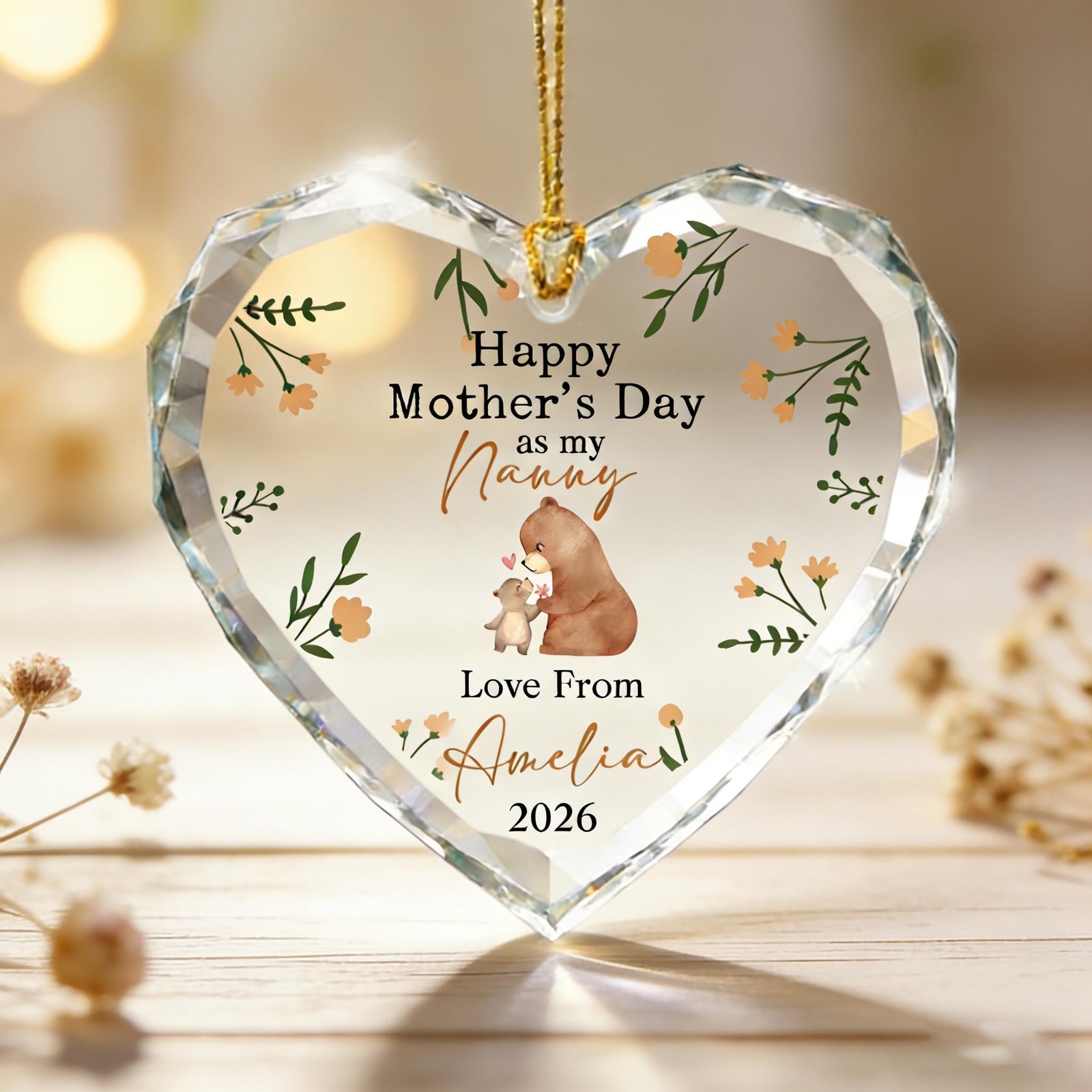 Personalized Nanny Mother's Day Crystal Ornament, Watercolor Bear, Best Gift For Mom