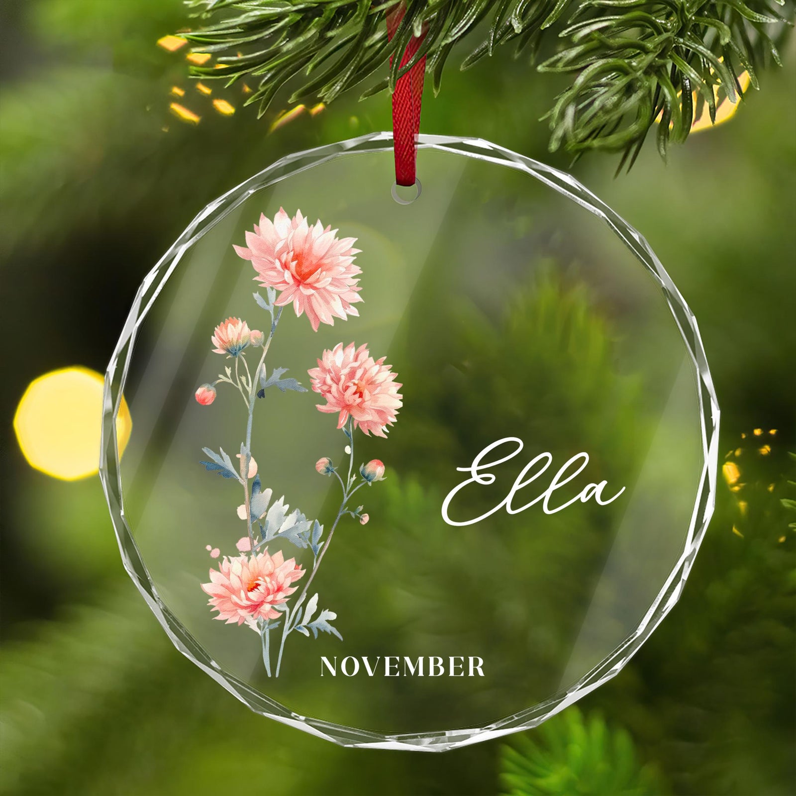 Personalized Birth Month Flower Glass Ornament: Custom Holiday Keepsake with Name