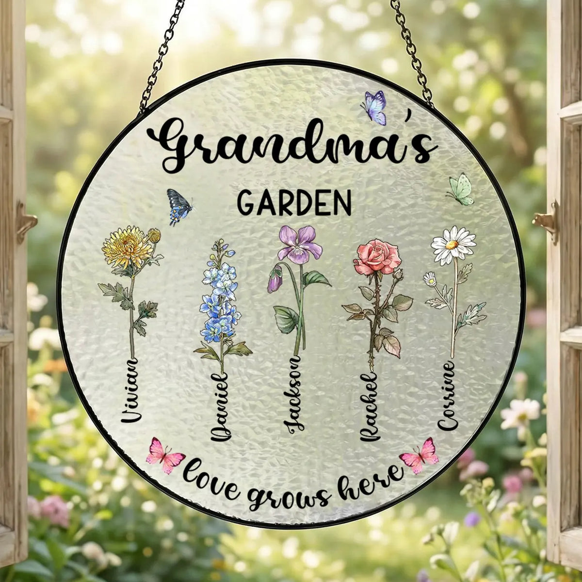 Personalized Grandma s Garden Glass Suncatcher, Custom Birth Flower Grandma Gift, Mothers Day Gift for Grandma