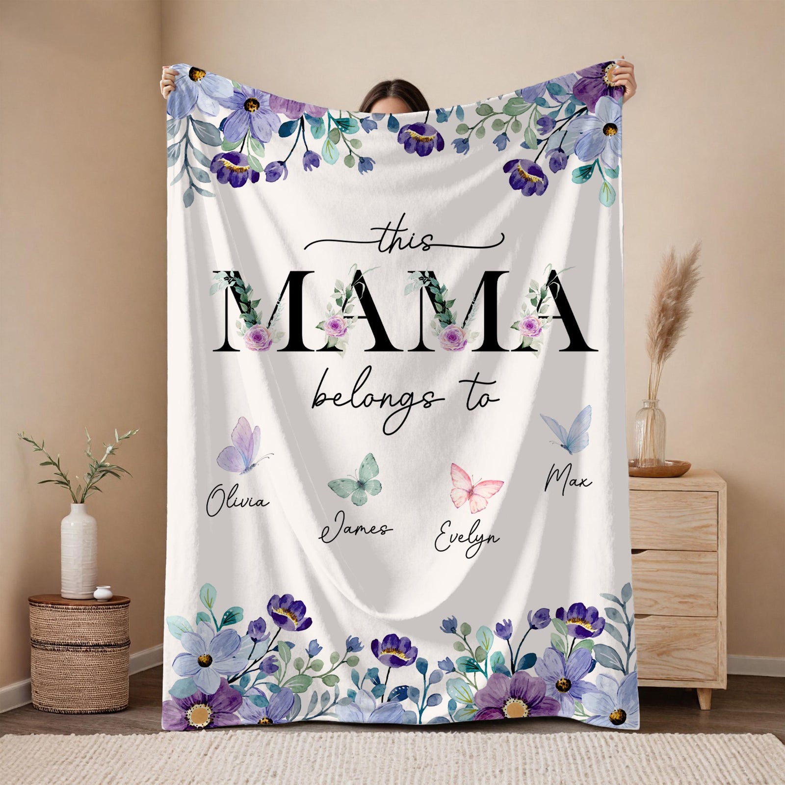 Personalized Mothers Day Gift, Floral Mom Blanket, Custom Name Blanket, Mama Blanket, Mom Birthday Gift, Christmas Gift from Daughter Son