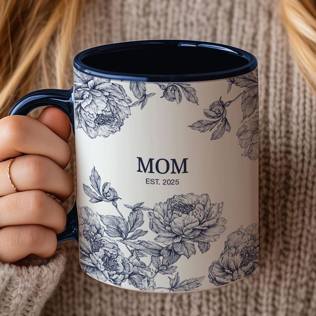 Personalized New Mom Mug For Mom, Custom Mother's Day Gift, Coquette Blue Toile Mug Gift For New Mom, Mother In Law Gift, Baby Shower Gift