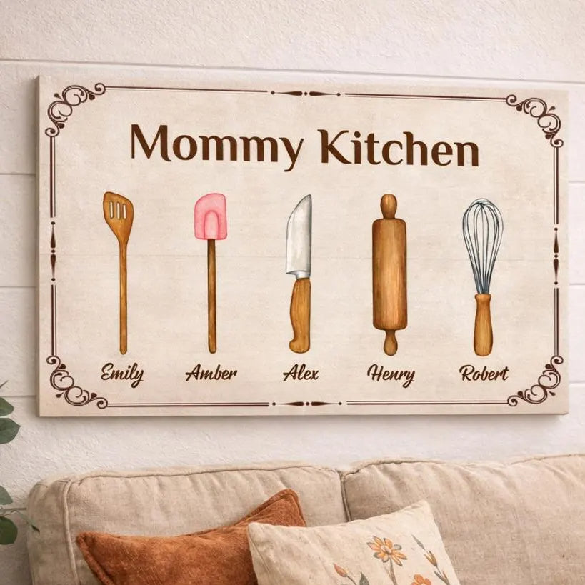 Personalized Mommy Kitchen Canvas, Custom Kids Names Cooking Utensils Wall Art, Mother s Day Gift for Mom, Kitchen Decor Gift