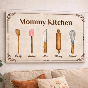Personalized Mommy Kitchen Canvas, Custom Kids Names Cooking Utensils Wall Art, Mother s Day Gift for Mom, Kitchen Decor Gift